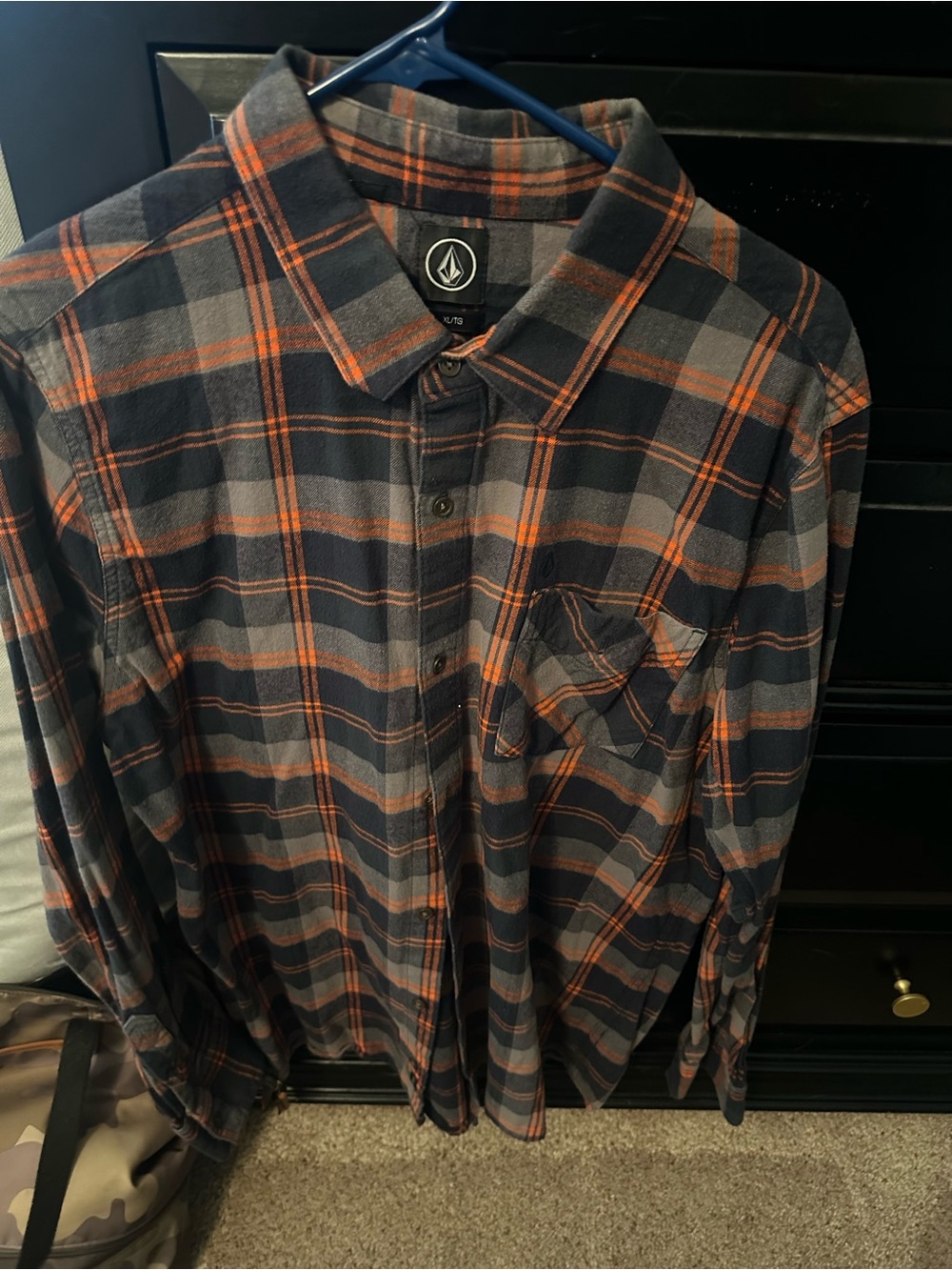 Volcom Men’s Navy and Orange Plaid Button-Down Shirt